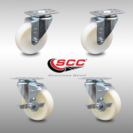 Service Caster 4 Inch SS Nylon Wheel Swivel Top Plate Caster Set with 2 Brakes SCC-SS20S414-NYS-2-TLB-2